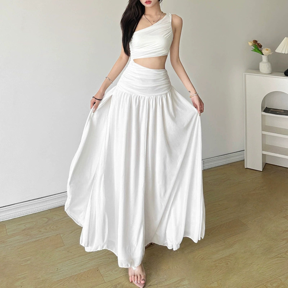 ZARA Summer Fashion One Shoulder Waist Cutout Long Dress Solid Pleated Design